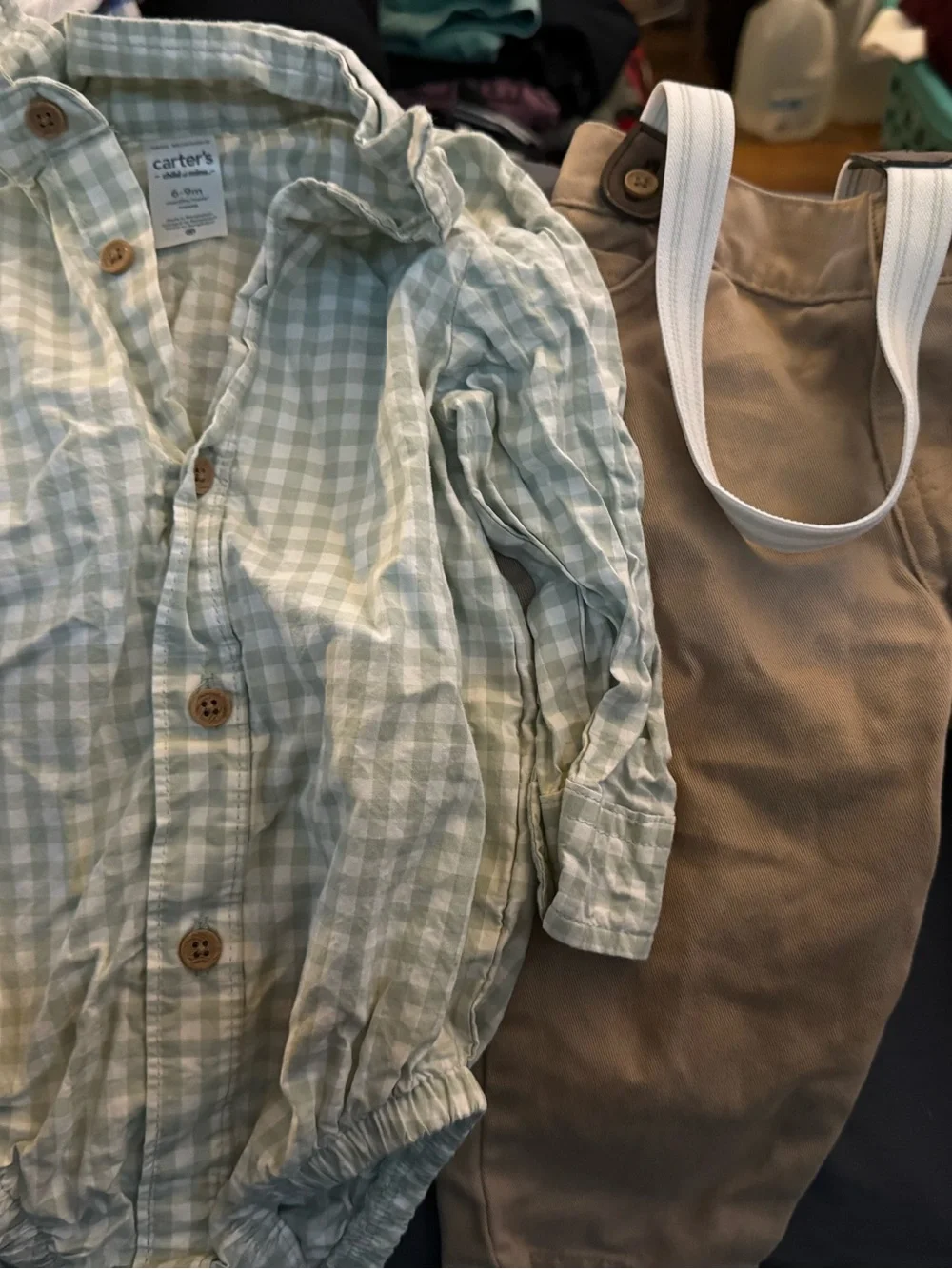 Carter's Light Green Gingham Button-Up Baby Romper - Picture 3 of 4